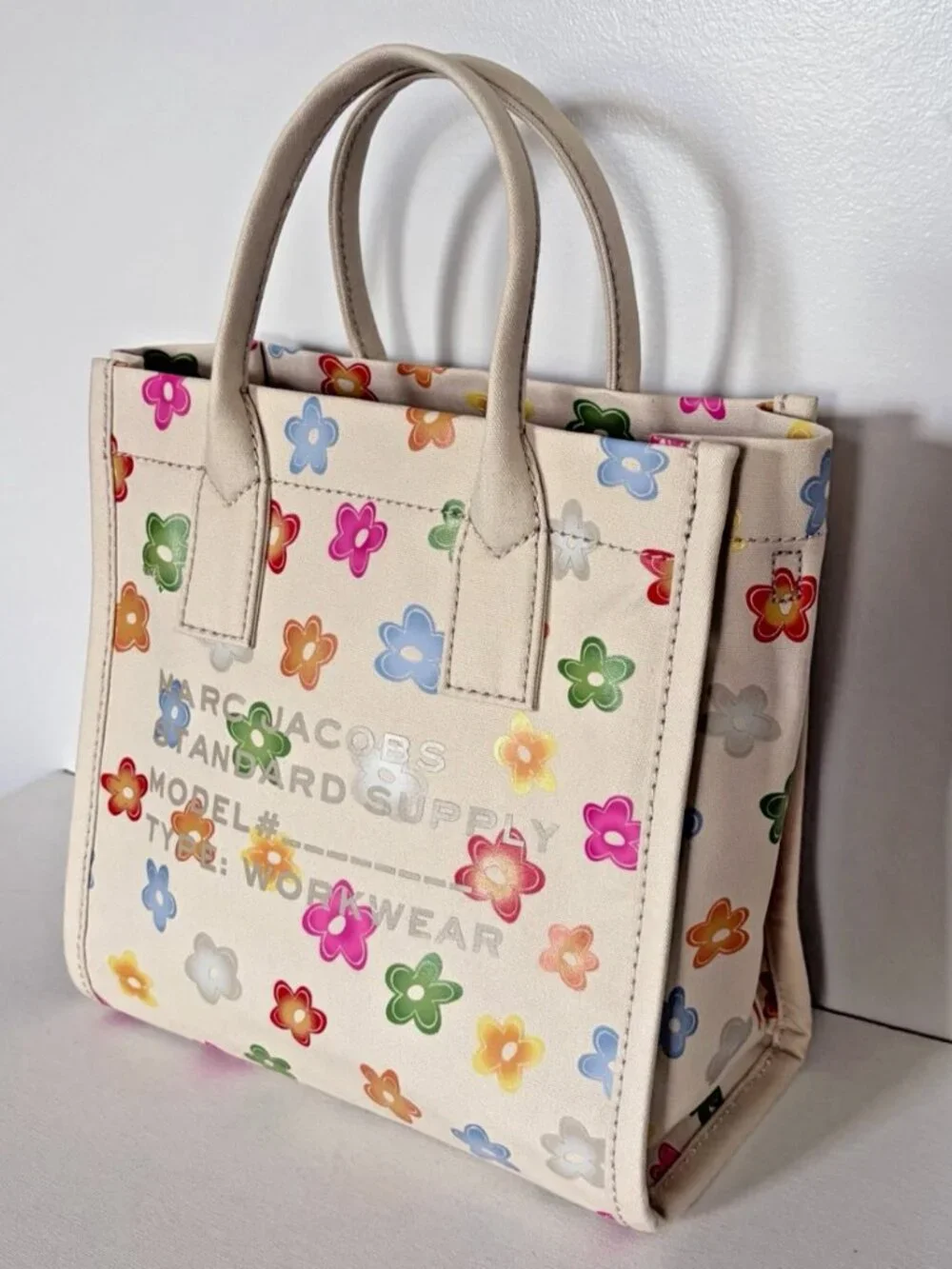 New Marc Jacobs Cotton Canvas Graphic Sticker-Print Medium Tote White Multi